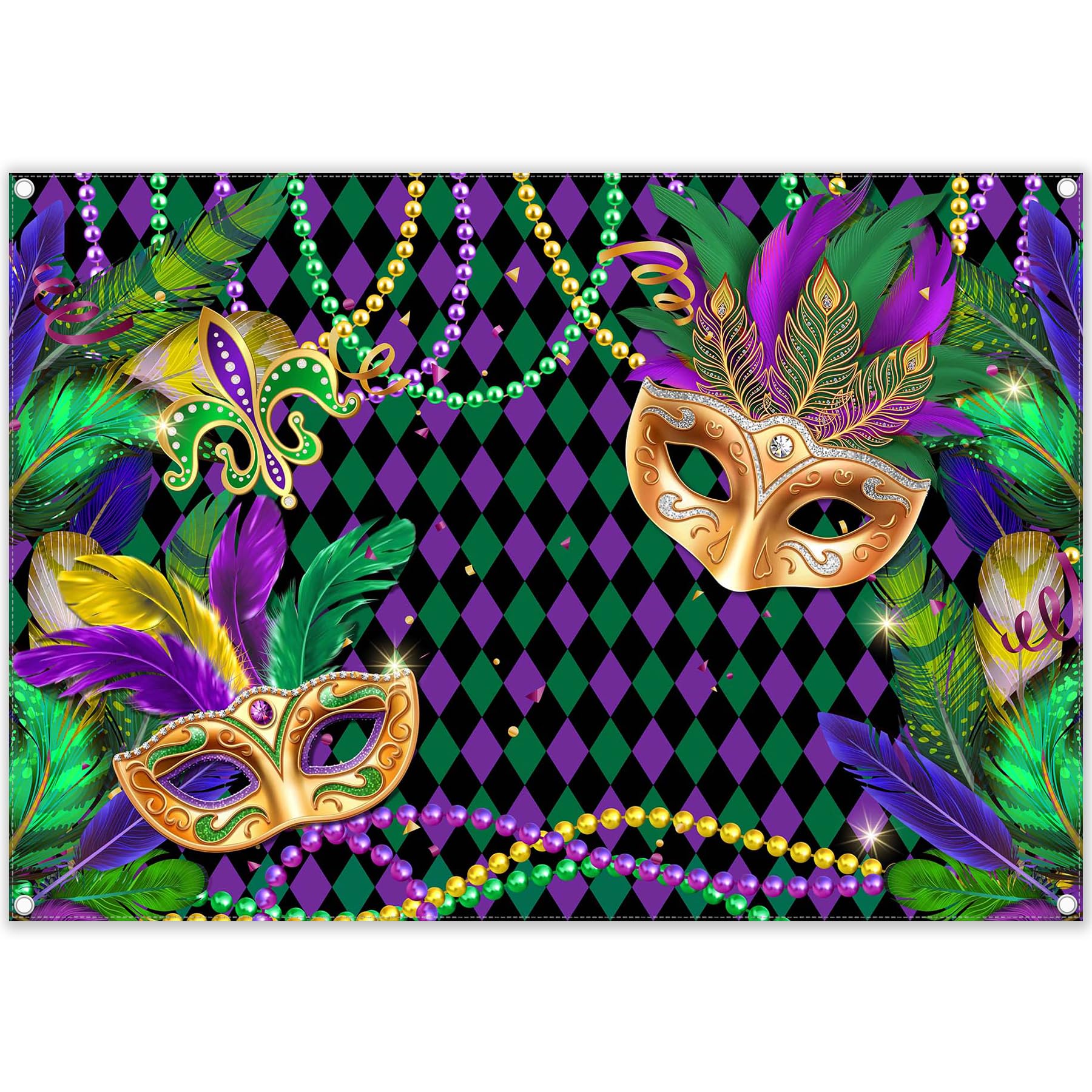 Swepuck 7x5ft Mardi Gras Photography Backdrop Masquerade Carnival Background Fiesta Purple Green Gold Beads Mask Party Decorations Photo Banner