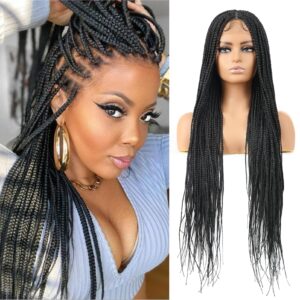 humistwbiu braided wigs for african american women full double lace front square knotless box braid wig with baby hair japan-made lightweight synthetic black hand braided wigs 36 inch (1b)