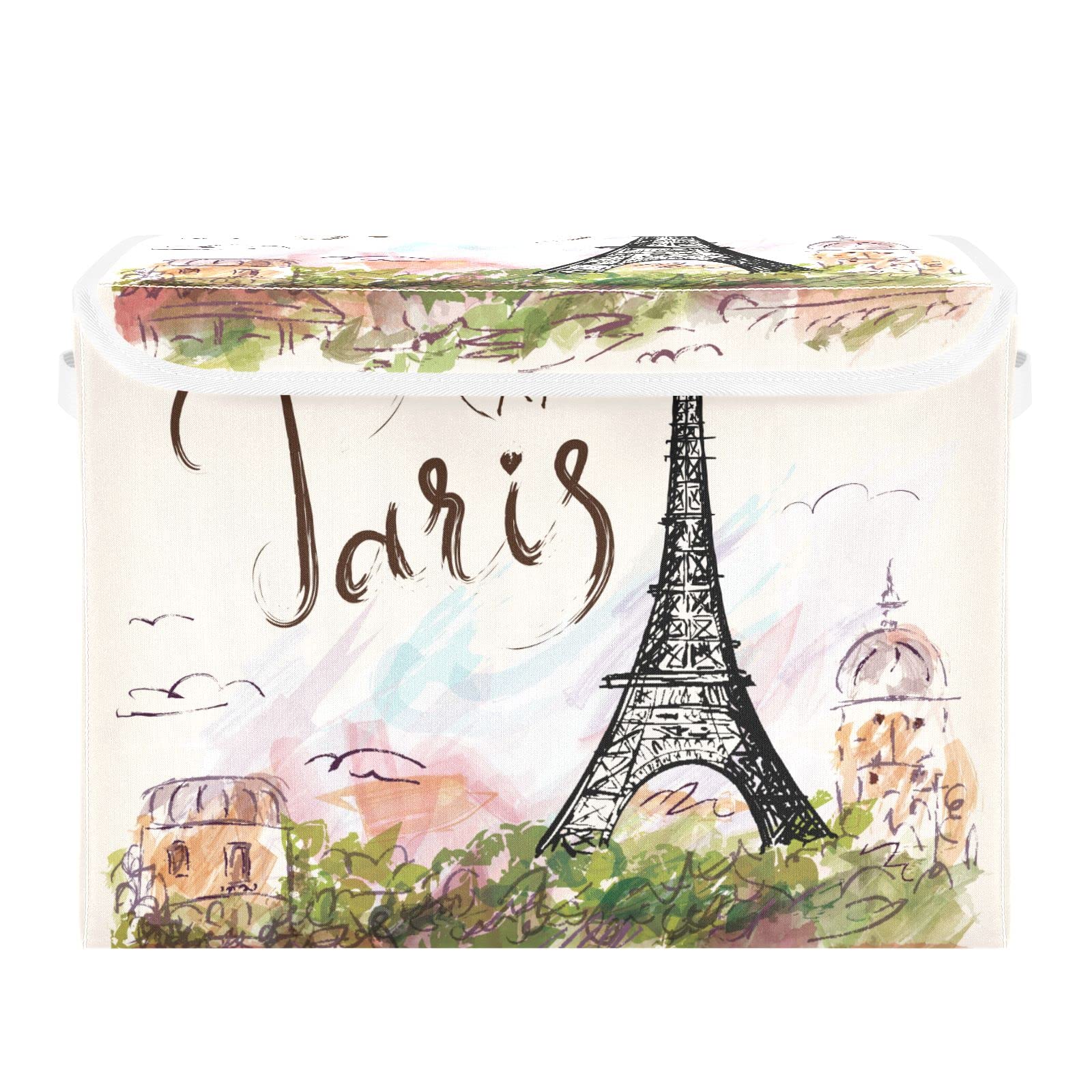 DOMIKING Paris Eiffel Tower Collapsible Rectangular Storage Bins with Lids Decorative Lidded Basket for Toys Organizers Fabric Storage Boxes with Handles for Pet/Children Toys Clothes Nursery