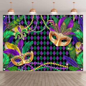 Swepuck 7x5ft Mardi Gras Photography Backdrop Masquerade Carnival Background Fiesta Purple Green Gold Beads Mask Party Decorations Photo Banner