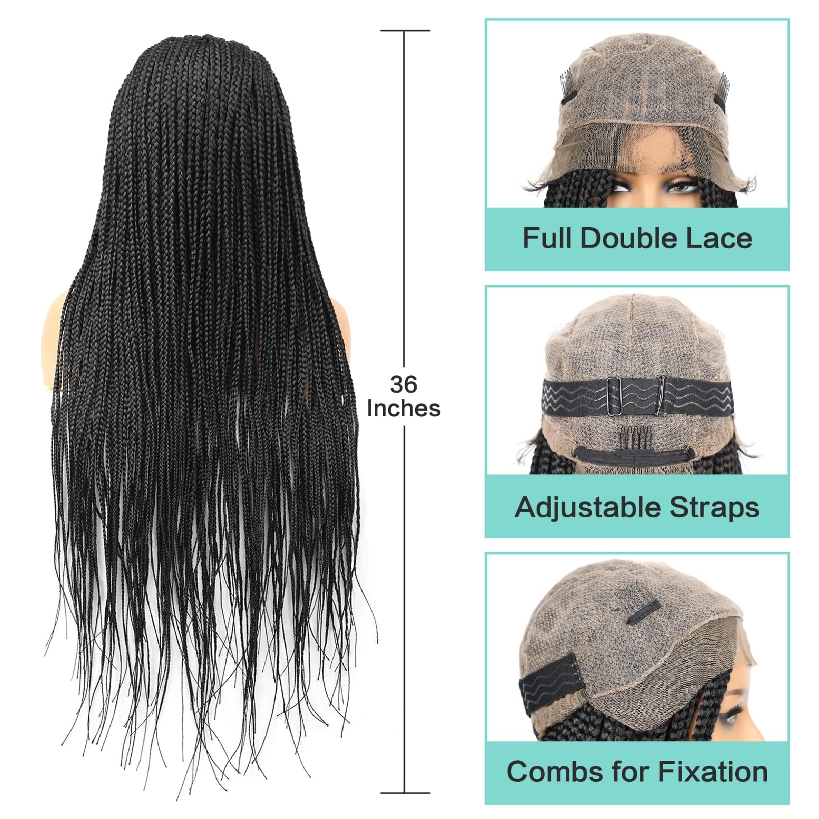 Humistwbiu Braided Wigs for African American Women Full Double Lace Front Square Knotless Box Braid Wig with Baby Hair Japan-made Lightweight Synthetic Black Hand Braided Wigs 36 Inch (1B)