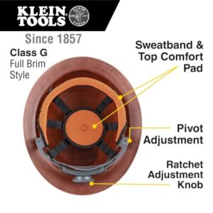 Klein Tools 60447 Hard Hat, Full Brim Class G KONSTRUCT Series Hard Hat with Rechargeable Headlamp, Sweat-Wicking Sweatband, Top Pad, Brown