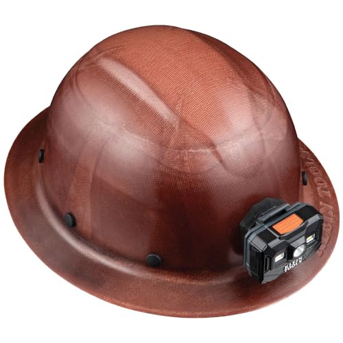 Klein Tools 60447 Hard Hat, Full Brim Class G KONSTRUCT Series Hard Hat with Rechargeable Headlamp, Sweat-Wicking Sweatband, Top Pad, Brown