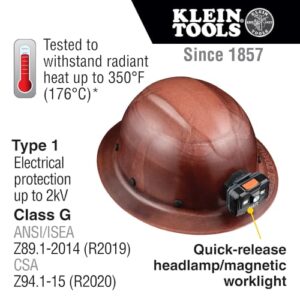 Klein Tools 60447 Hard Hat, Full Brim Class G KONSTRUCT Series Hard Hat with Rechargeable Headlamp, Sweat-Wicking Sweatband, Top Pad, Brown