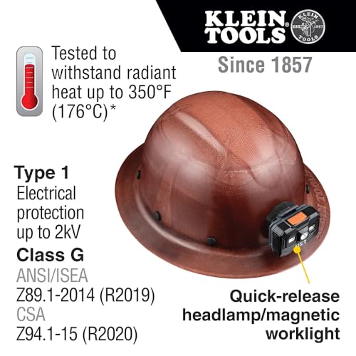 Klein Tools 60447 Hard Hat, Full Brim Class G KONSTRUCT Series Hard Hat with Rechargeable Headlamp, Sweat-Wicking Sweatband, Top Pad, Brown