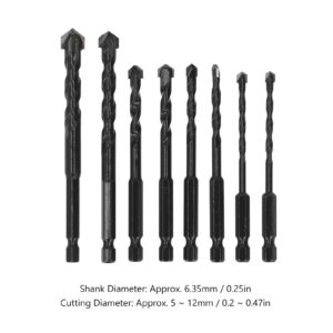 8Pcs Masonry Drill Bit Cemented Hex Drill Bit Drill Bit Carbide 6.35mm Hex Shank Black Set Kit for Tile Concrete