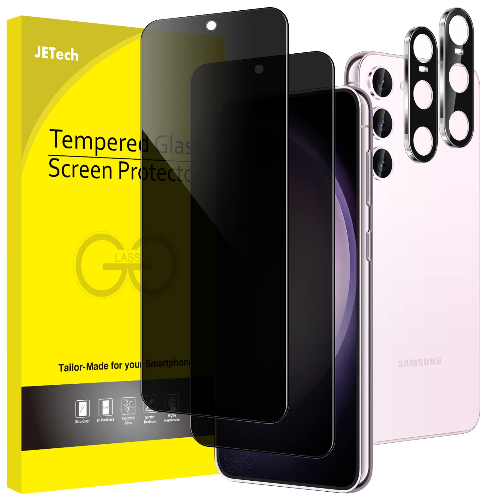 JETech Privacy Screen Protector for Samsung Galaxy S23+ / S23 Plus 5G 6.6-Inch with Camera Lens Protector, Anti-Spy Tempered Glass Film, Fingerprint ID Compatible, 2-Pack Each