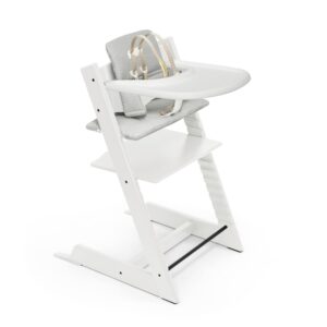 tripp trapp high chair and cushion with stokke tray - white with nordic grey - adjustable, convertible, all-in-one high chair for babies & toddlers