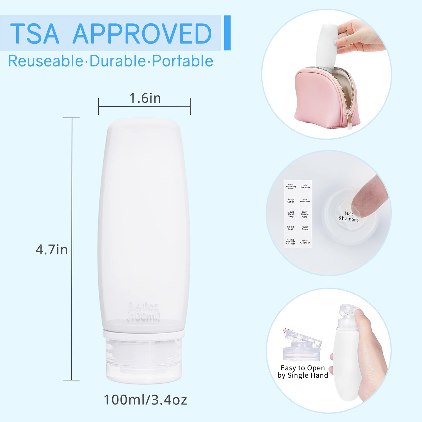 Silicone Travel Bottles for Toiletries TSA Approved Travel Size Containers Set 4 Pack Portable Leak Proof Refillable Cosmetic Squeeze Bottles Shampoo Hair Conditioner Body Lotion Bath Shower Gel