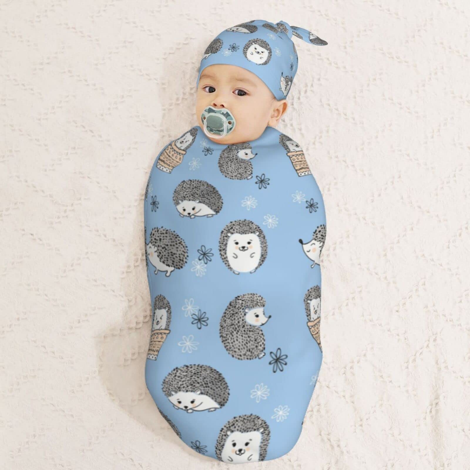 Muishi Cute Hedgehogs Blue Newborn Swaddle Blankets Hat Sets Soft Baby Receiving Blanket Swaddle Sack for Baby Shower Infant Boy Girl Gift