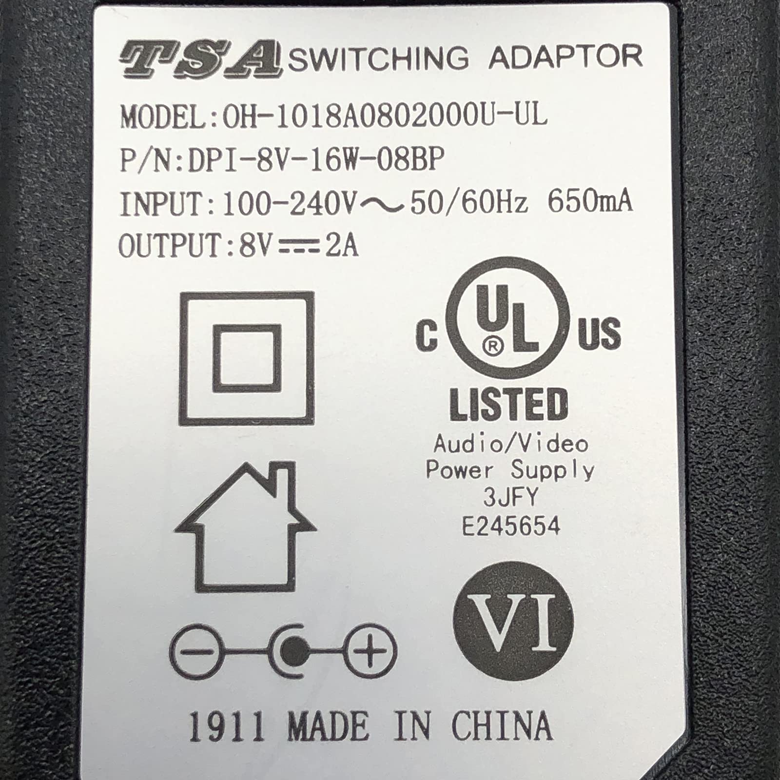 TSA OH-1018A0802000U-UL Switching Adaptor 8V 2A Power Supply DPI-8V-16W-08BP