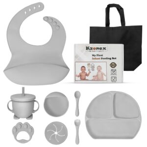 complete baby mealtime bundle - baby weaning supplies, silicone bib with food pocket, secure suction plate and bowl, child-safe utensils, teething toy, straw sipper cup 0-48 months