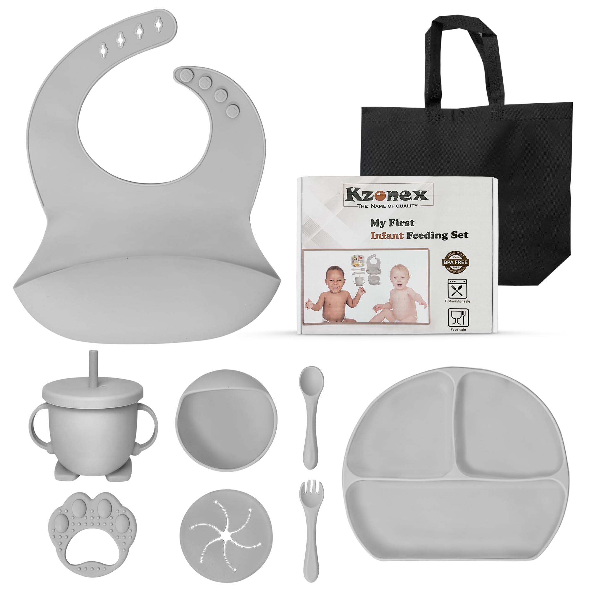 Complete Baby Mealtime Bundle - Baby Weaning Supplies, Silicone Bib with Food Pocket, Secure Suction Plate and Bowl, Child-Safe Utensils, Teething Toy, Straw Sipper Cup 0-48 Months