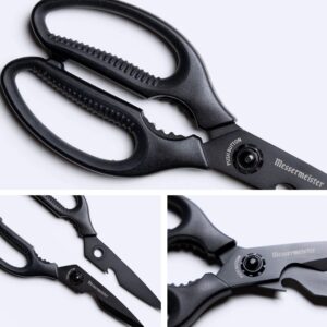 Messermeister 9-Inch Push Button Take-Apart Shears - High-Carbon Stainless Steel & Soft-Grip Handles - Includes Nut Cracker & Bottle Opener