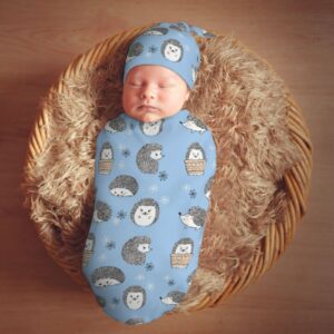 Muishi Cute Hedgehogs Blue Newborn Swaddle Blankets Hat Sets Soft Baby Receiving Blanket Swaddle Sack for Baby Shower Infant Boy Girl Gift