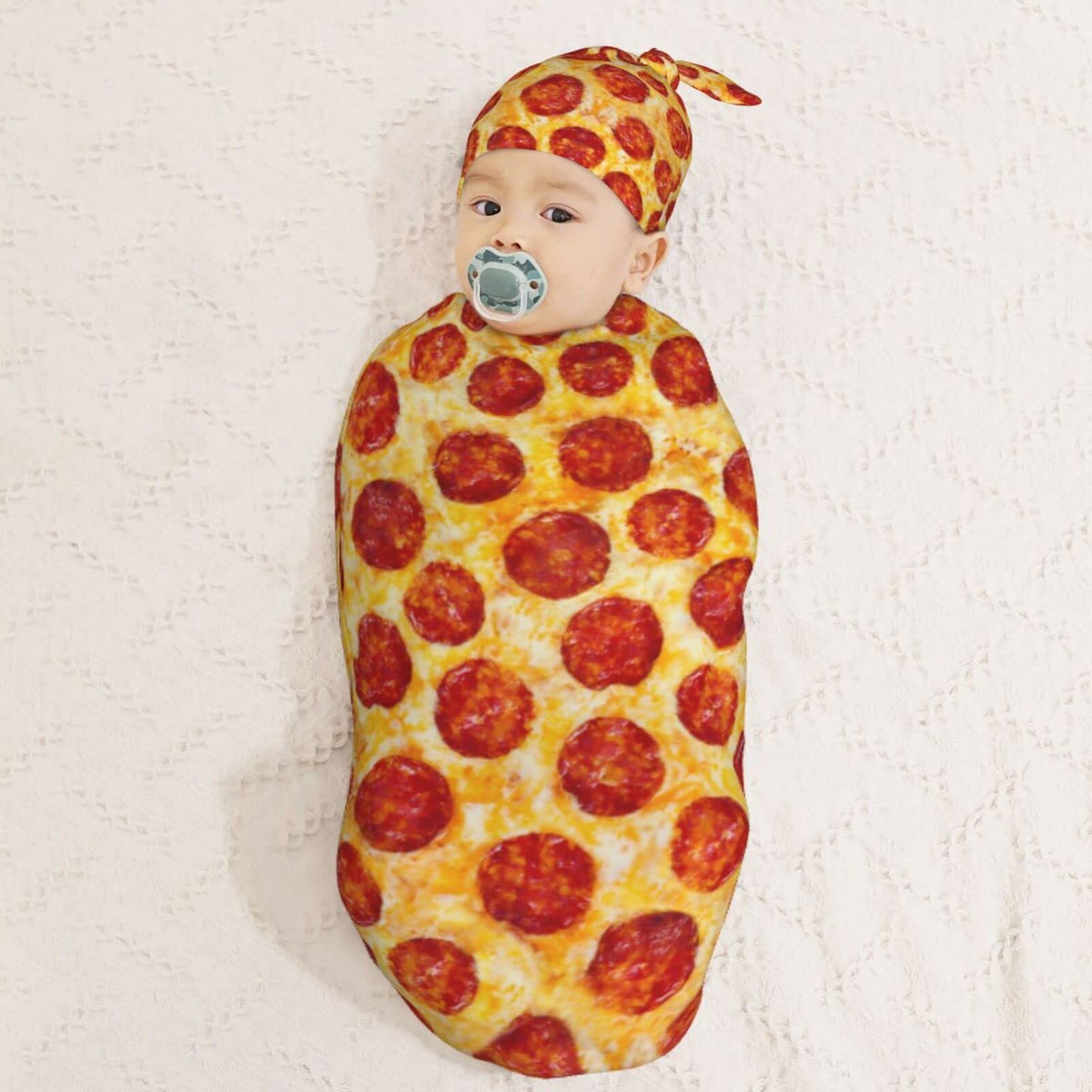 Muishi Funny Pepperoni Pizza Food Texture Newborn Swaddle Blankets Hat Sets Soft Baby Receiving Blanket Swaddle Sack for Baby Shower Infant Boy Girl Gift