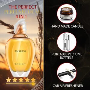 AMARIGE - Eau De Toilette Spray 3.3 oz - Gift Set Pack With Lavender Soy Candle, Car Air Fresheners, and Empty Travel Perfume Atomizer