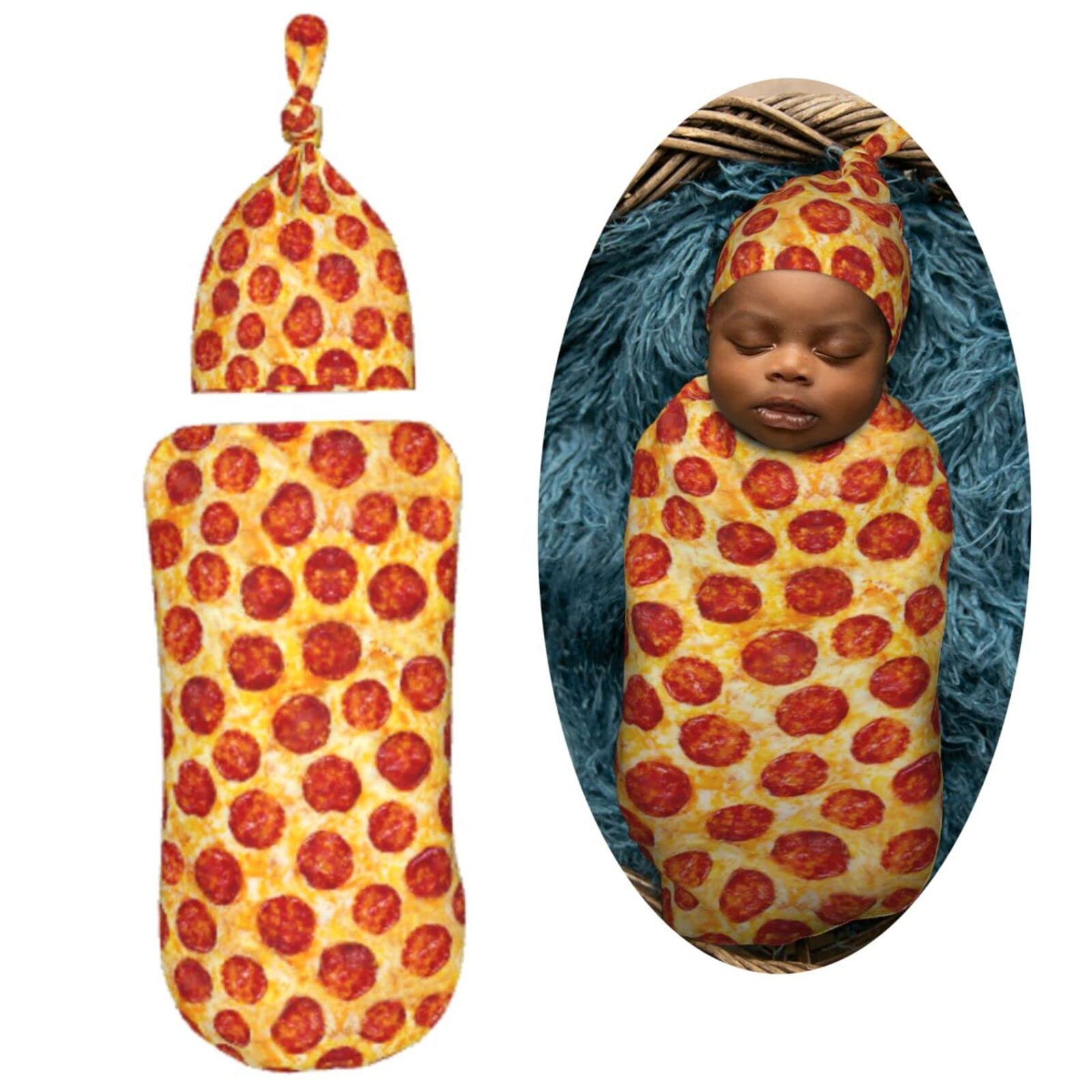 Muishi Funny Pepperoni Pizza Food Texture Newborn Swaddle Blankets Hat Sets Soft Baby Receiving Blanket Swaddle Sack for Baby Shower Infant Boy Girl Gift