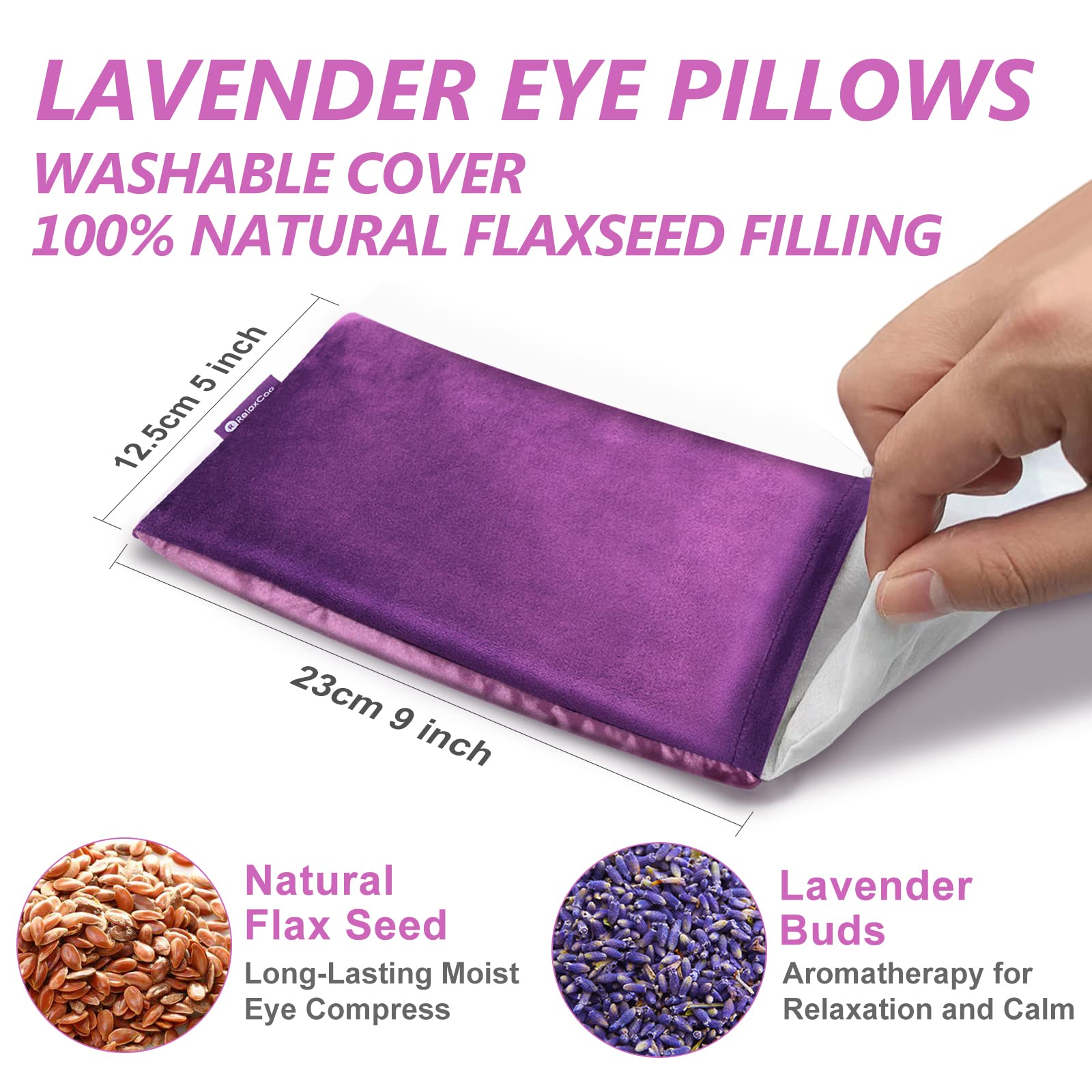 RelaxCoo Lavender Eye Pillow for Relaxation, Yoga, Sleeping, Weighted Eye Mask Heated for Headache, Sinus, Dry Eyes Relief, Moist Heat Eye Compress, Meditation Accessories with Aromatherapy, Pack of 2