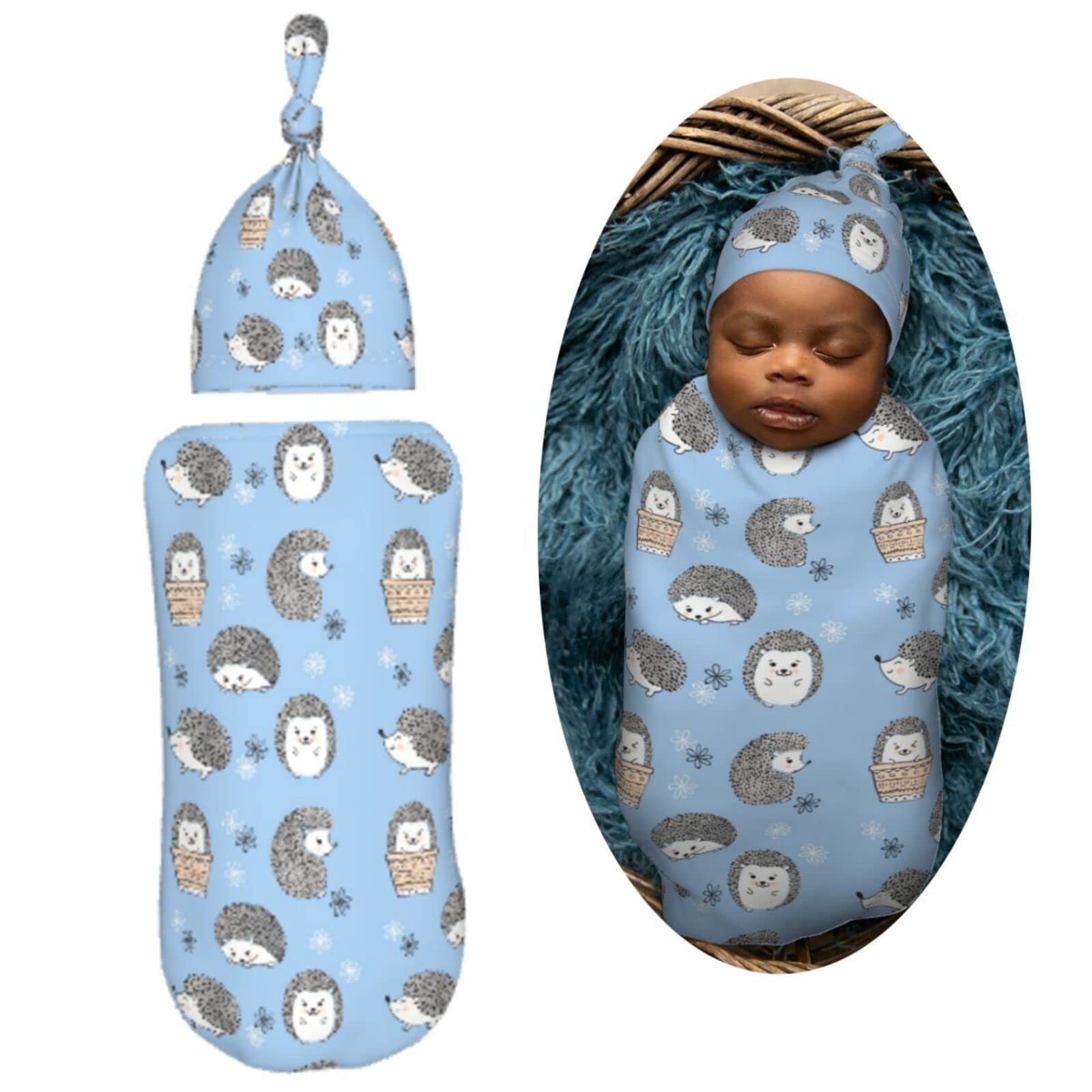 Muishi Cute Hedgehogs Blue Newborn Swaddle Blankets Hat Sets Soft Baby Receiving Blanket Swaddle Sack for Baby Shower Infant Boy Girl Gift