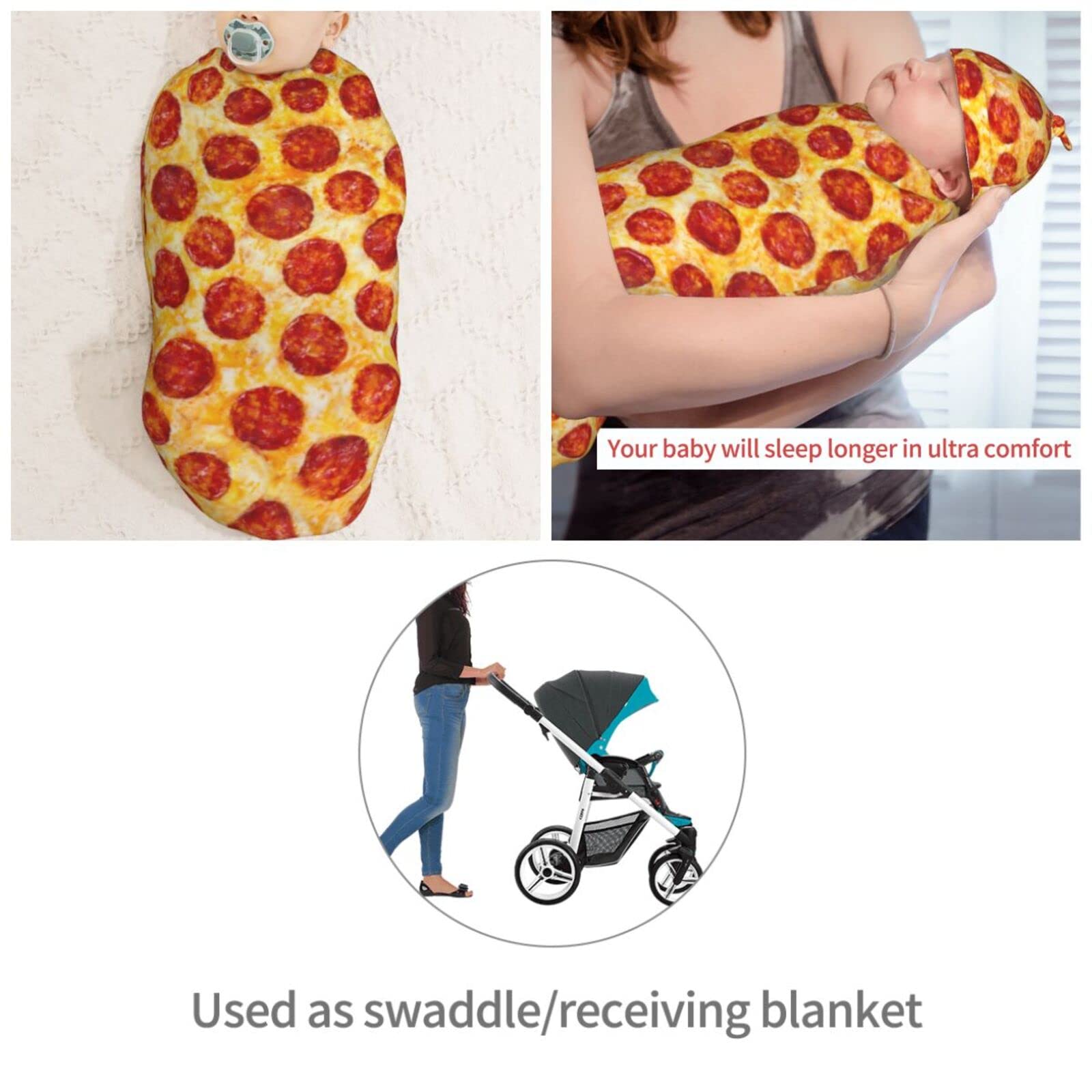 Muishi Funny Pepperoni Pizza Food Texture Newborn Swaddle Blankets Hat Sets Soft Baby Receiving Blanket Swaddle Sack for Baby Shower Infant Boy Girl Gift