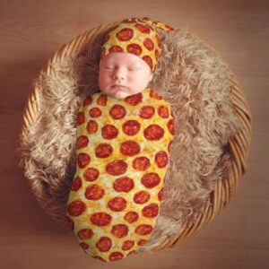 Muishi Funny Pepperoni Pizza Food Texture Newborn Swaddle Blankets Hat Sets Soft Baby Receiving Blanket Swaddle Sack for Baby Shower Infant Boy Girl Gift