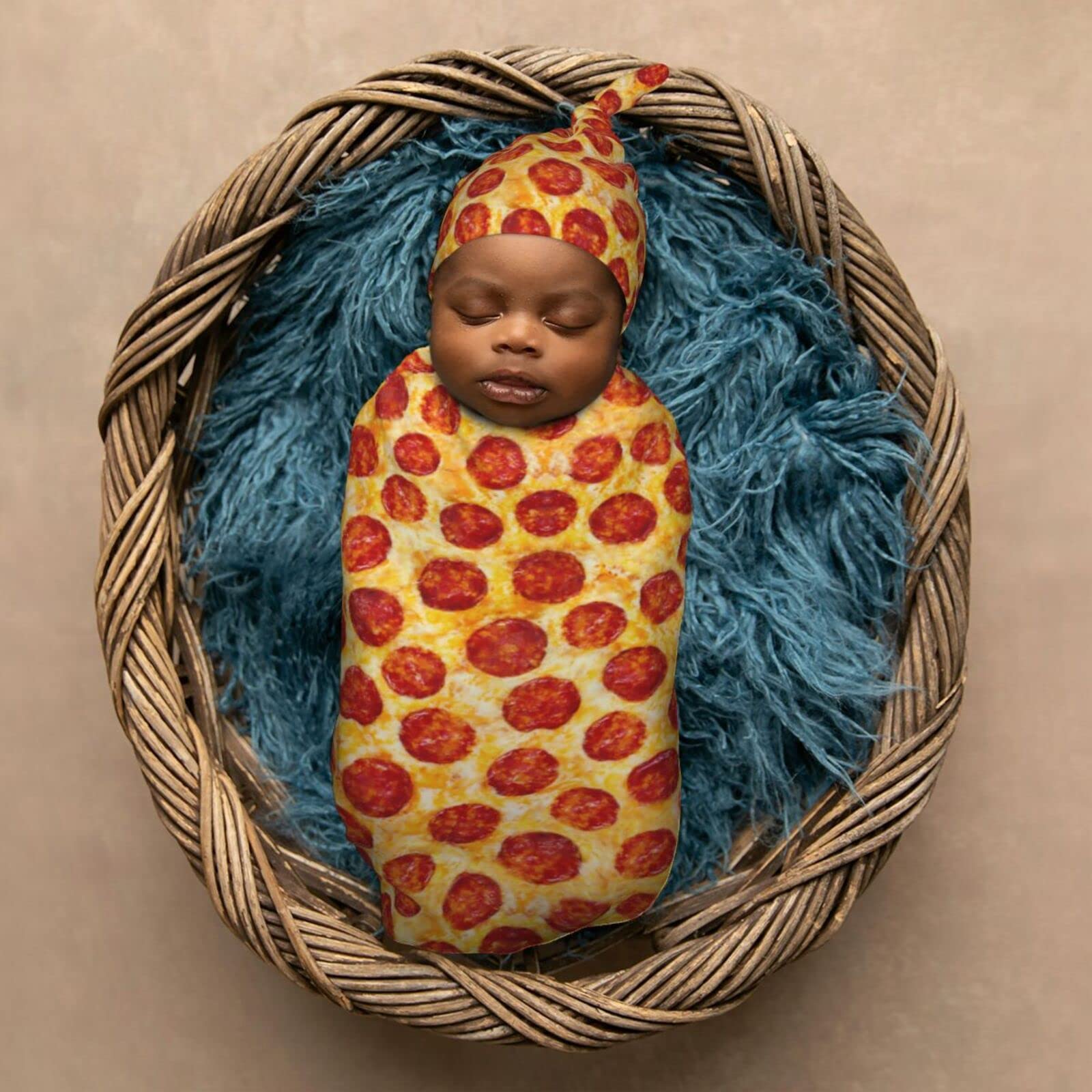 Muishi Funny Pepperoni Pizza Food Texture Newborn Swaddle Blankets Hat Sets Soft Baby Receiving Blanket Swaddle Sack for Baby Shower Infant Boy Girl Gift