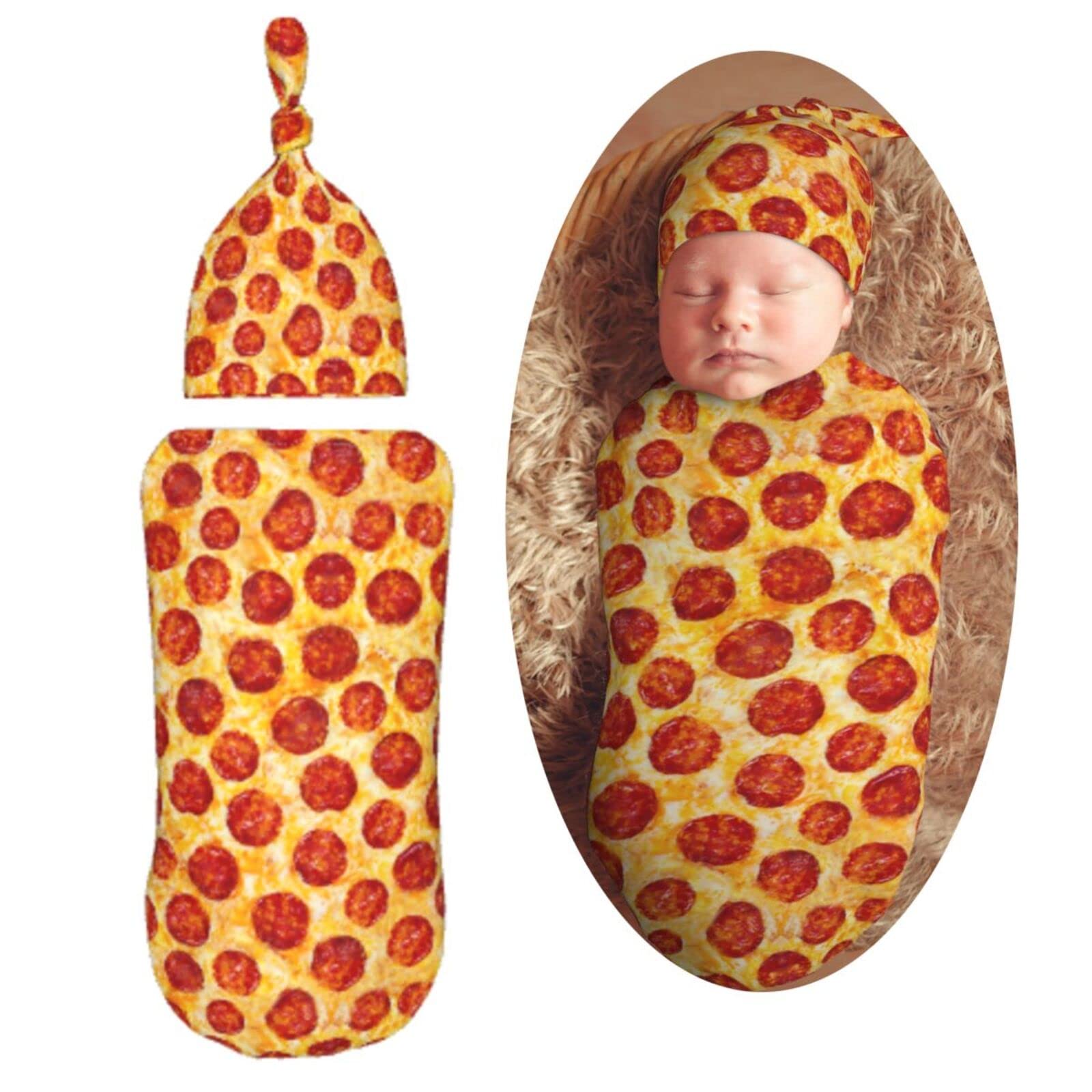 Muishi Funny Pepperoni Pizza Food Texture Newborn Swaddle Blankets Hat Sets Soft Baby Receiving Blanket Swaddle Sack for Baby Shower Infant Boy Girl Gift