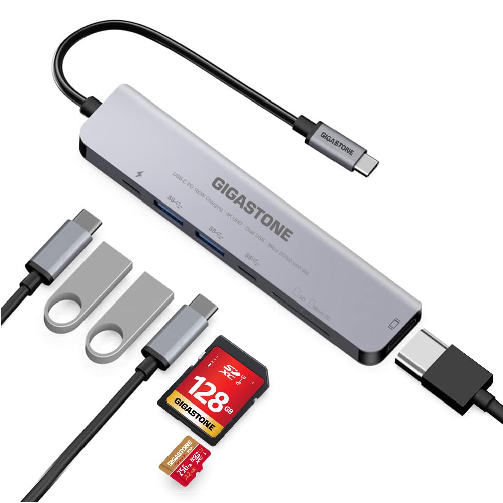 【USB C Hub】 Gigastone Multiport Adapter 7-in-1 USB C Docking Station with 4K HDMI, 100W Power Delivery, USB-C& 2 USB 3.0, SD & MicroSD Reader, for MacBook Air/Pro, Chromebook, Zenbook, Surface