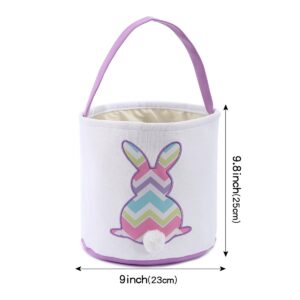 Cootato 2 Pack Easter Bunny Basket Bags for Kids, Stripe Rabbit Pattern Egg Basket Hunt Bags Personalized Canvas Cotton Bucket with Fluffy Tail for Easter Eggs, Candy, Gift (Multi-Stripe, Blue)