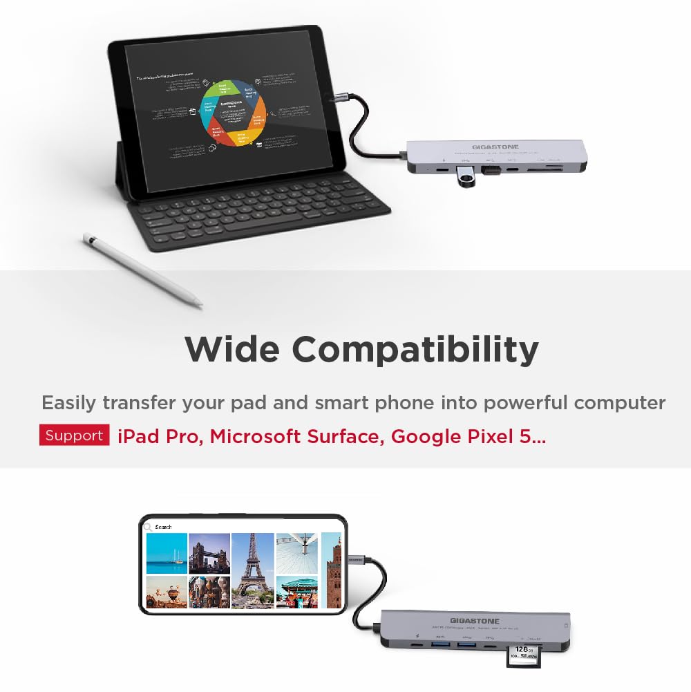 【USB C Hub】 Gigastone Multiport Adapter 7-in-1 USB C Docking Station with 4K HDMI, 100W Power Delivery, USB-C& 2 USB 3.0, SD & MicroSD Reader, for MacBook Air/Pro, Chromebook, Zenbook, Surface