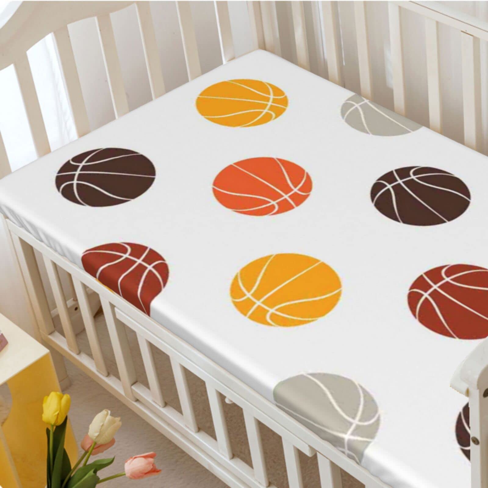 Basketball Themed Fitted Crib Sheet,Standard Crib Mattress Fitted Sheet Soft & Stretchy Fitted Crib Sheet-Great for Boy or Girl Room or Nursery, 28“ x52“,Multicolor