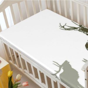 Antlers Themed Fitted Crib Sheet,Standard Crib Mattress Fitted Sheet Toddler Bed Mattress Sheets-Crib Mattress Sheet or Toddler Bed Sheet, 28“ x52“,Army Green Sage Green White