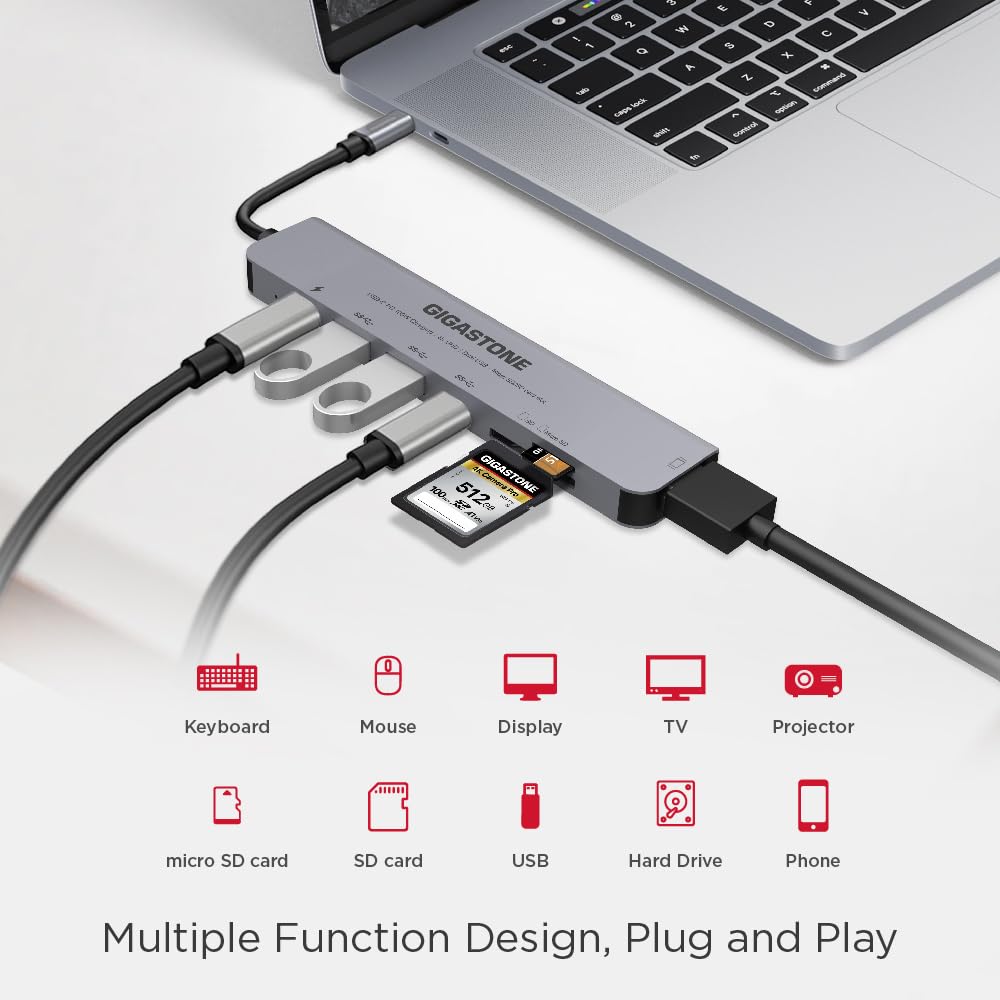 【USB C Hub】【4-Pack】 Gigastone Multiport Adapter 7-in-1 USB C Docking Station with 4K HDMI, 100W Power Delivery, USB-C& 2 USB 3.0, SD&MicroSD Reader, for MacBook Air/Pro, Chromebook, Zenbook, Surface