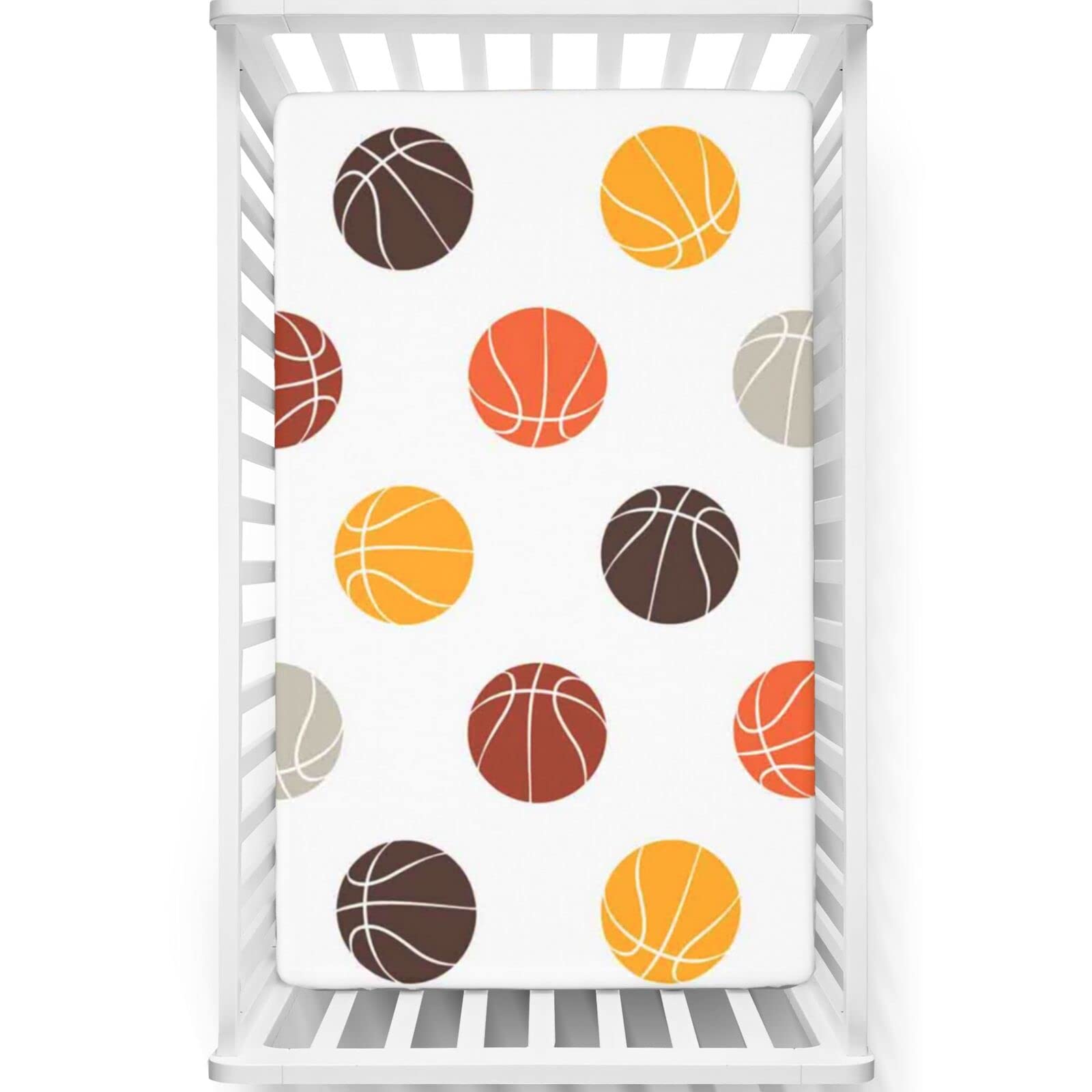 Basketball Themed Fitted Crib Sheet,Standard Crib Mattress Fitted Sheet Soft & Stretchy Fitted Crib Sheet-Great for Boy or Girl Room or Nursery, 28“ x52“,Multicolor