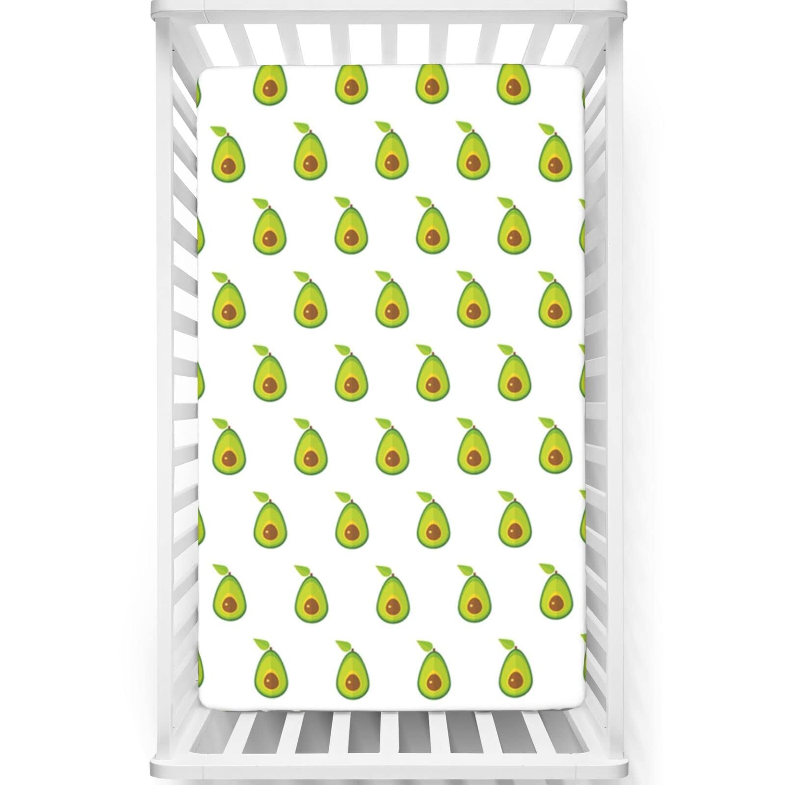 Avocado Themed Fitted Mini Crib Sheets,Portable Mini Crib Sheets Toddler Bed Mattress Sheets-Great for Boy or Girl Room or Nursery, 24“ x38“,Yellow Green Pale Redwood Fern Green and Earth Yellow