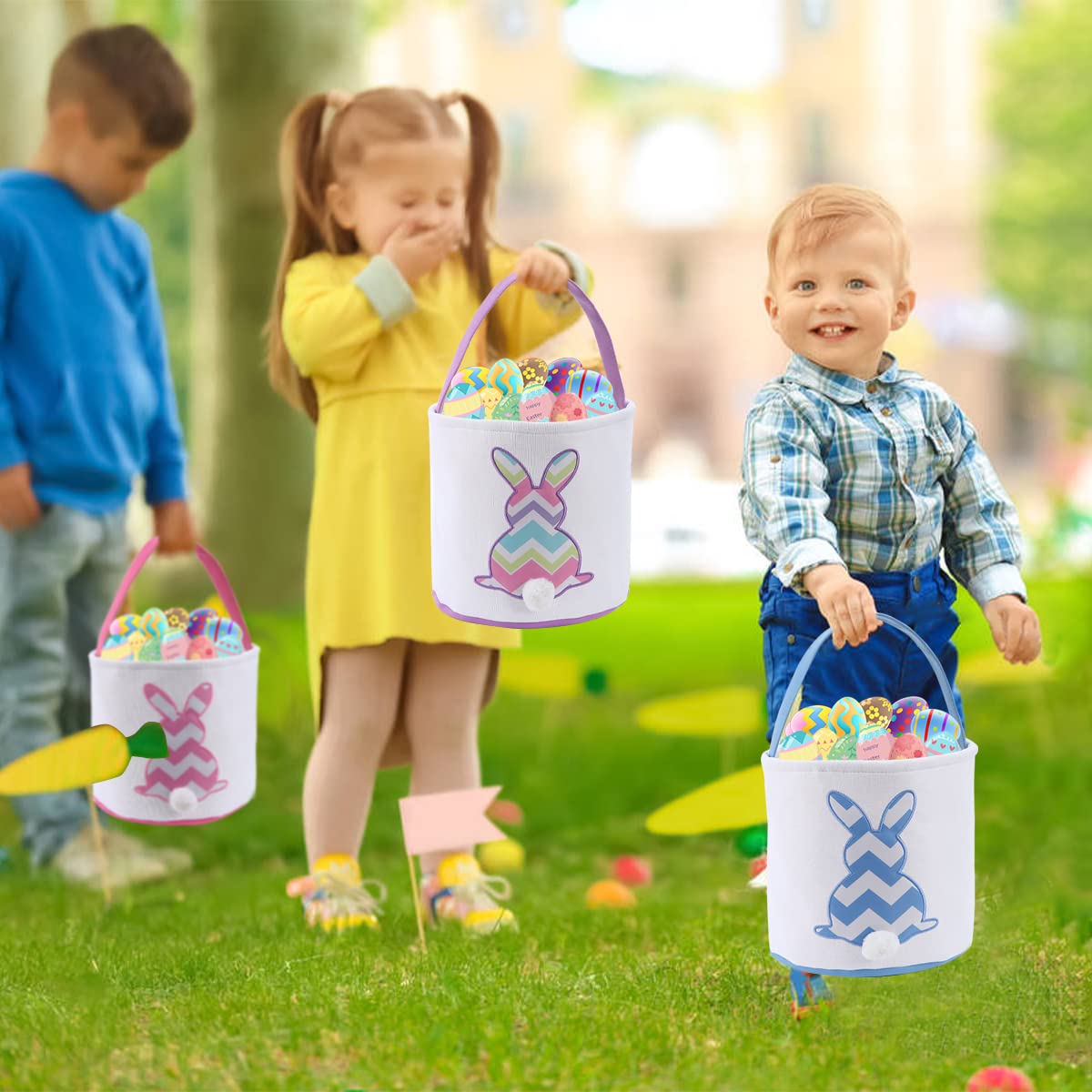 Cootato 2 Pack Easter Bunny Basket Bags for Kids, Stripe Rabbit Pattern Egg Basket Hunt Bags Personalized Canvas Cotton Bucket with Fluffy Tail for Easter Eggs, Candy, Gift (Multi-Stripe, Blue)