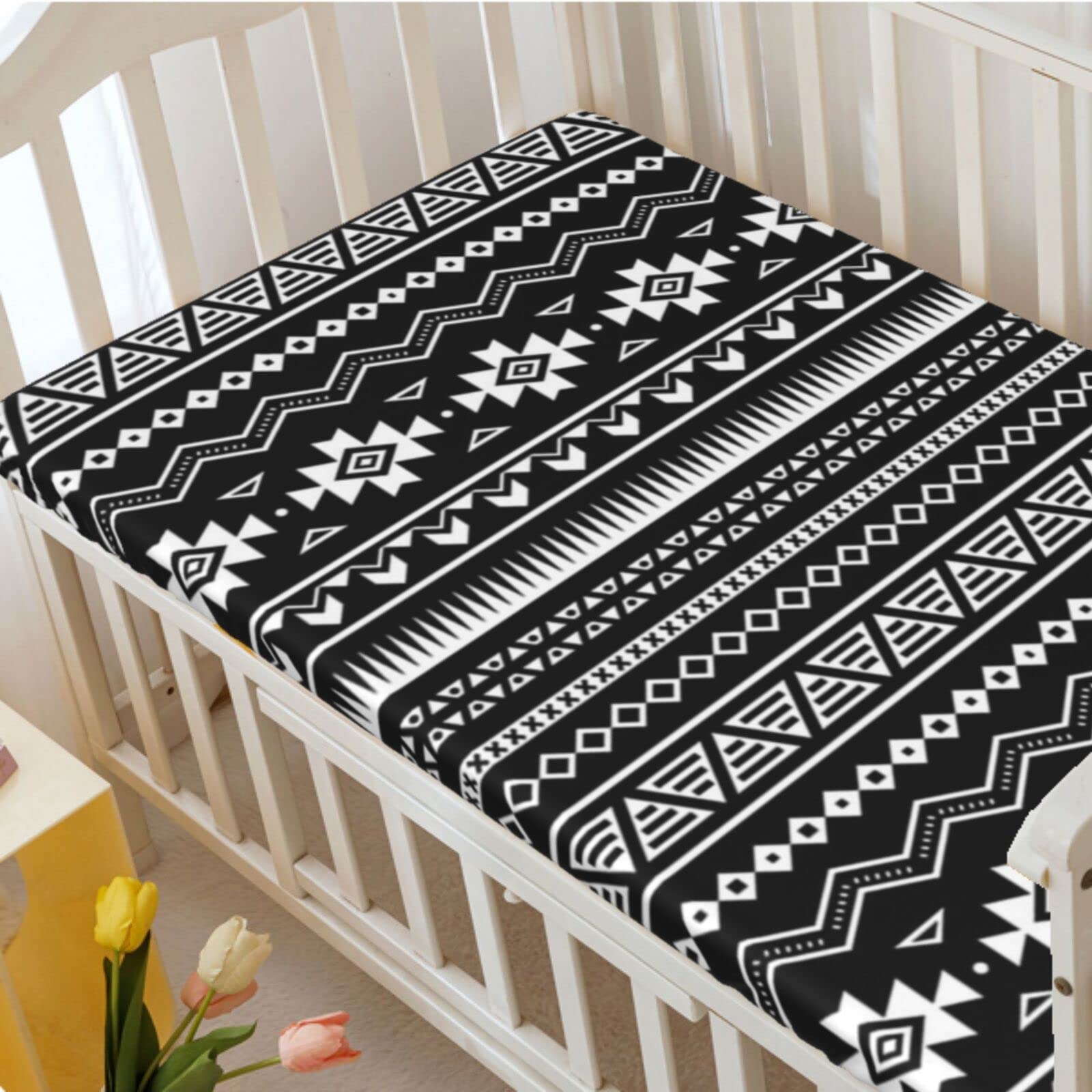 Aztec Themed Fitted Crib Sheet,Standard Crib Mattress Fitted Sheet Toddler Bed Mattress Sheets-Baby Sheet for Boys Girls, 28“ x52“,Black White