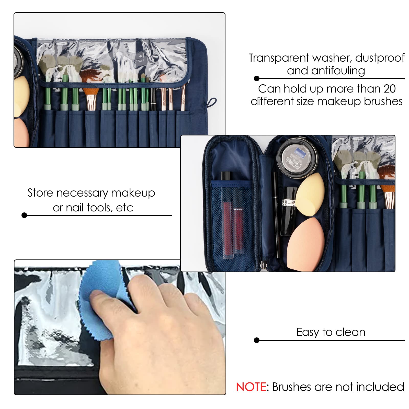 DODAMOUR Portable Folding Makeup Brush Bag with Silicone Foldable Brush Cleaning Bowl, Multifunctional Cosmetics Rolling Storage Case Makeup Brush Holder, Makeup Brush Organizer Bag for Travel (Blue)