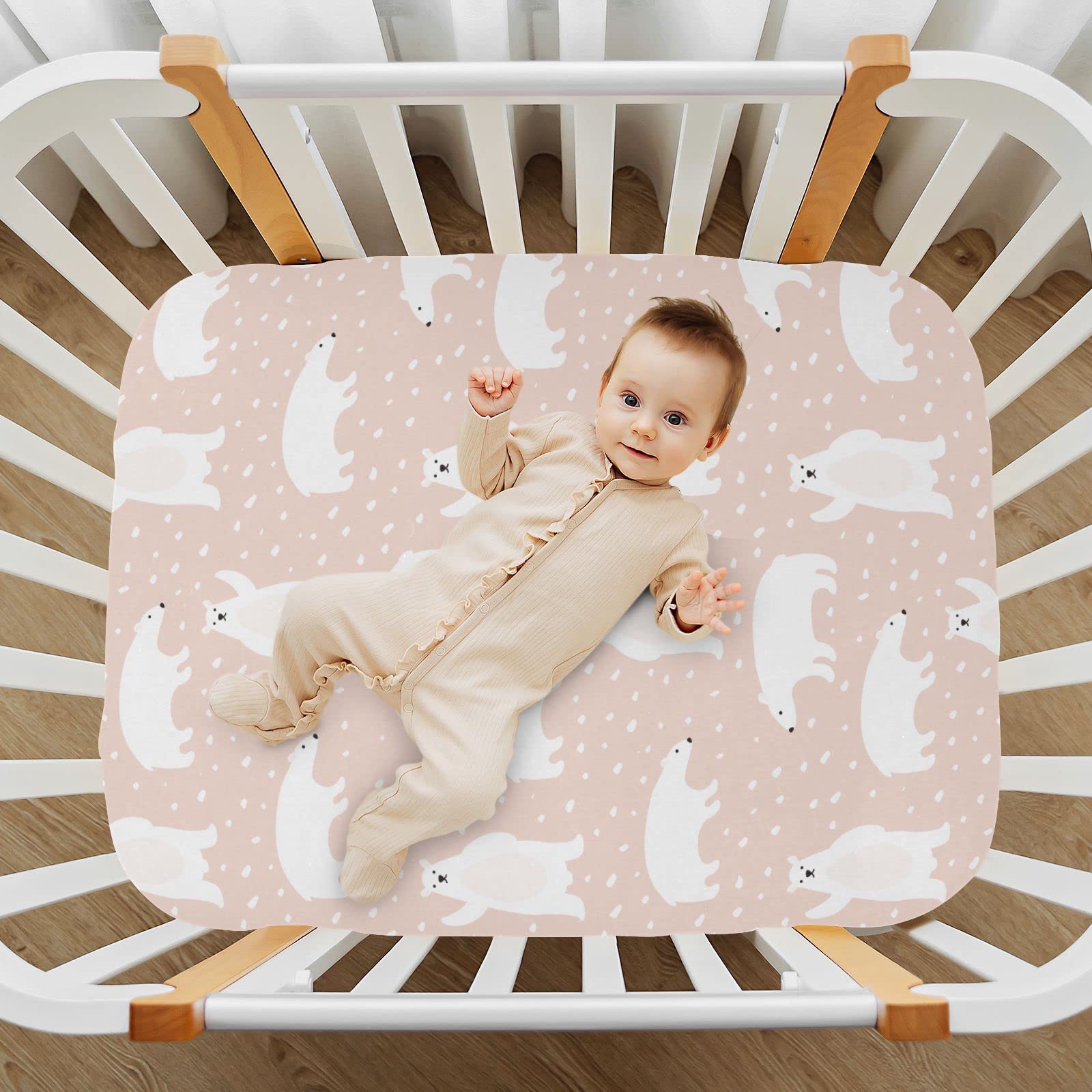 Soft Baby Boy Fitted Crib Sheets for Baby Girl Beige Cute Polar Bears Standard Crib Sheets Portable Mini Bassinets Sheets