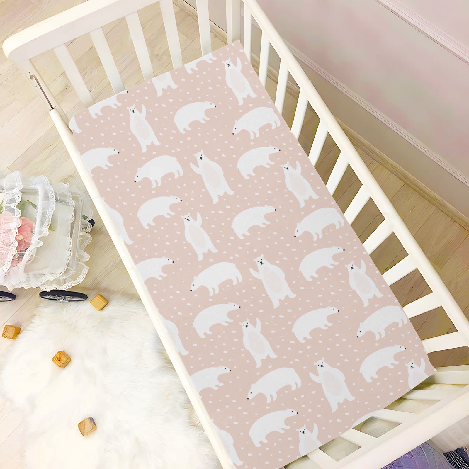 Soft Baby Boy Fitted Crib Sheets for Baby Girl Beige Cute Polar Bears Standard Crib Sheets Portable Mini Bassinets Sheets