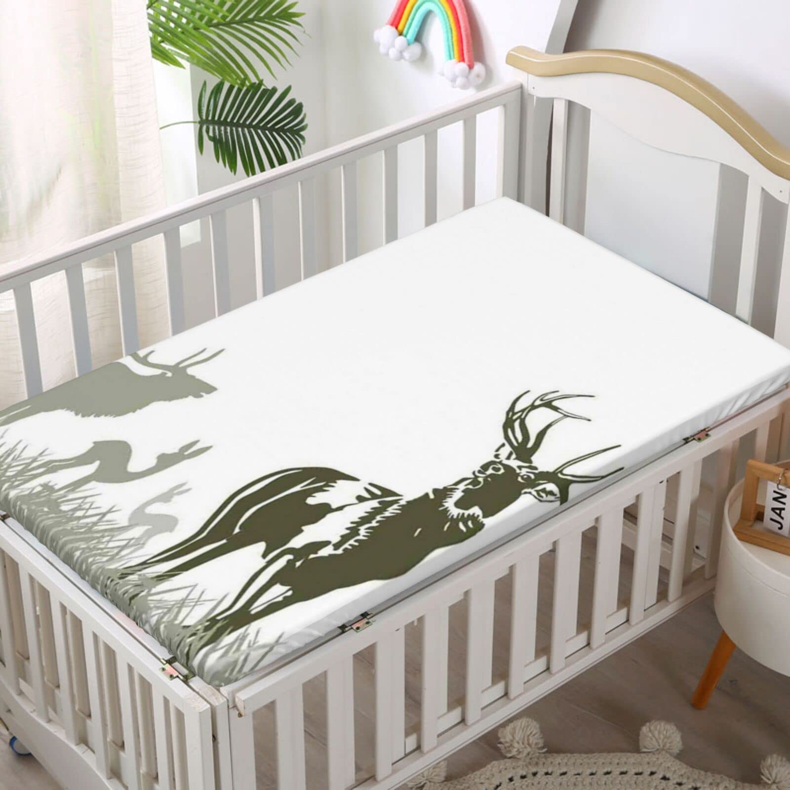 Antlers Themed Fitted Crib Sheet,Standard Crib Mattress Fitted Sheet Toddler Bed Mattress Sheets-Crib Mattress Sheet or Toddler Bed Sheet, 28“ x52“,Army Green Sage Green White