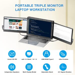 JoyReal Triple Monitor for Laptop, 12'' Laptop Screen Extender for 13''-16'' Laptop, FHD 1080P Portable Monitor with USB-C HDMI for Mac Windows Chromebook Surface Smartphone