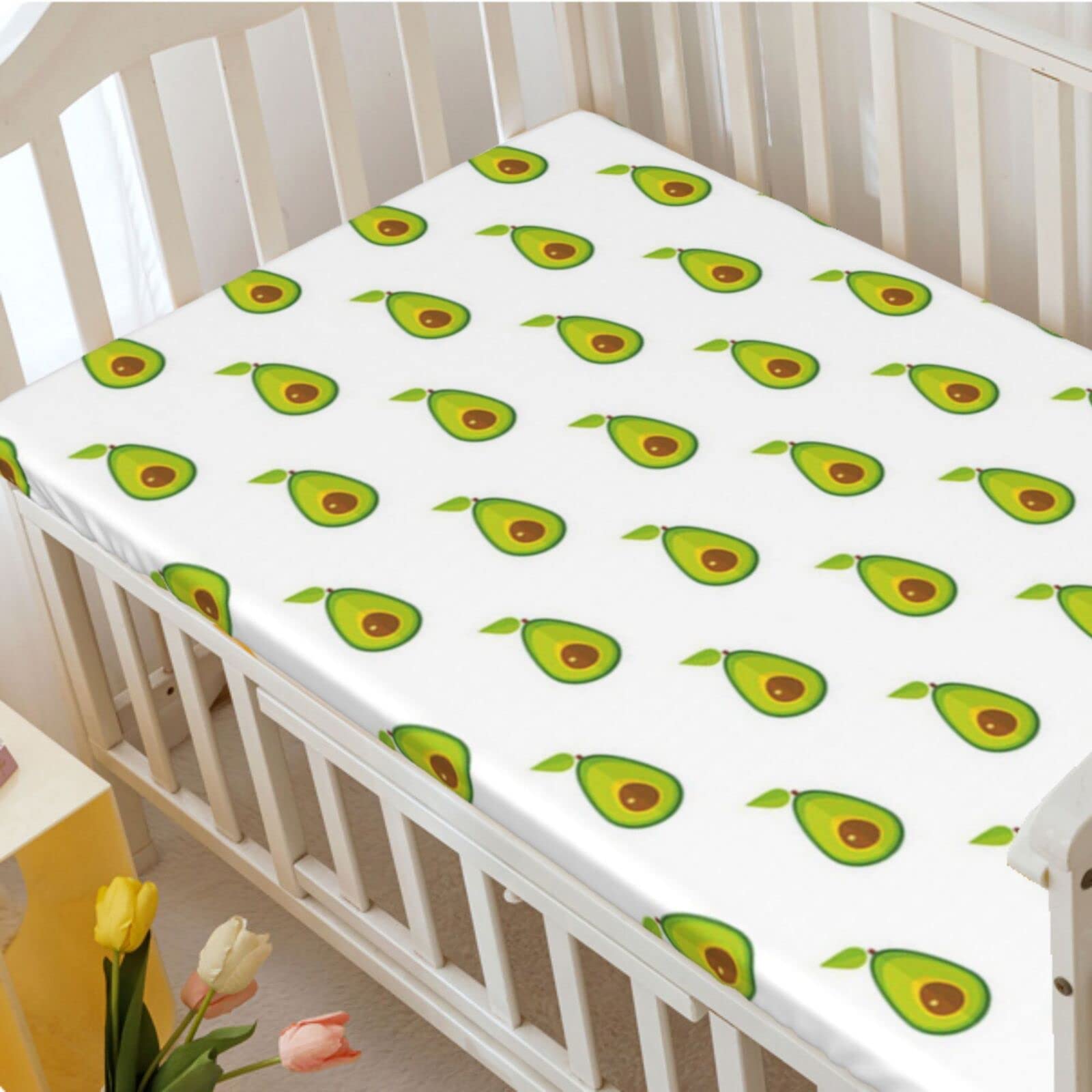 Avocado Themed Fitted Mini Crib Sheets,Portable Mini Crib Sheets Toddler Bed Mattress Sheets-Great for Boy or Girl Room or Nursery, 24“ x38“,Yellow Green Pale Redwood Fern Green and Earth Yellow