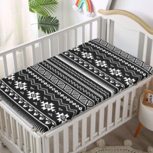 Aztec Themed Fitted Crib Sheet,Standard Crib Mattress Fitted Sheet Toddler Bed Mattress Sheets-Baby Sheet for Boys Girls, 28“ x52“,Black White