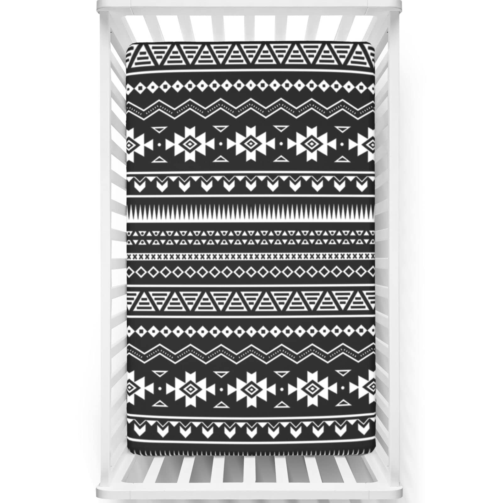 Aztec Themed Fitted Crib Sheet,Standard Crib Mattress Fitted Sheet Toddler Bed Mattress Sheets-Baby Sheet for Boys Girls, 28“ x52“,Black White