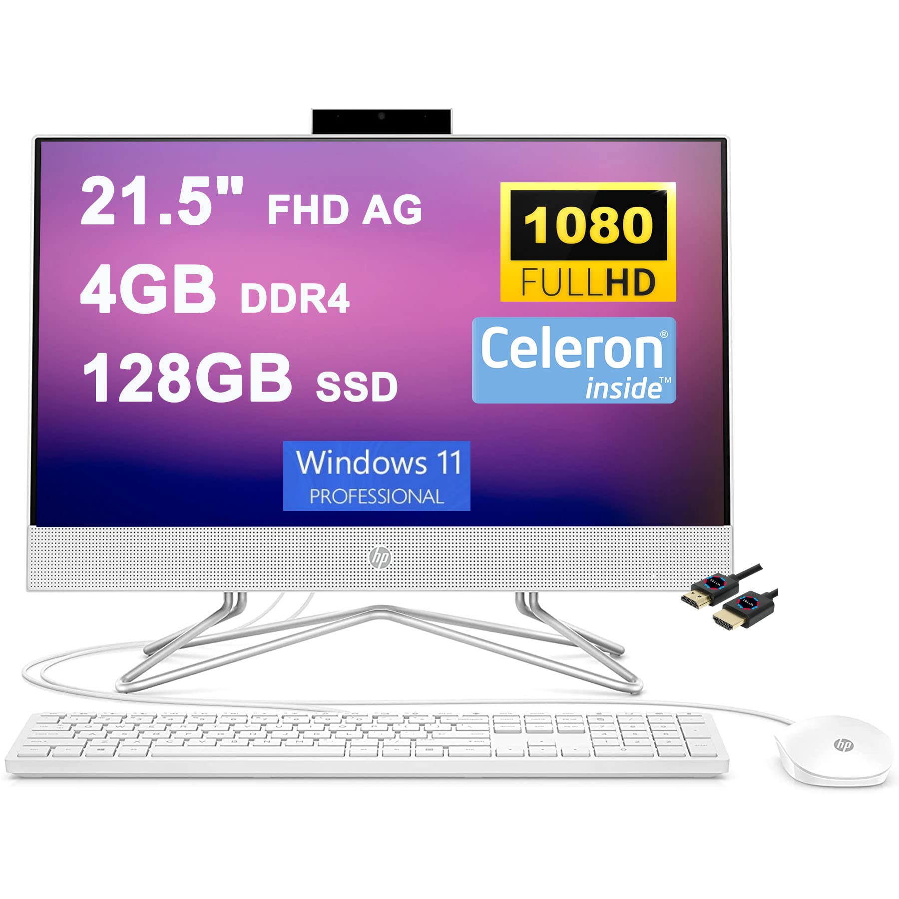 HP 22 All-in-One Desktop | 21.5" Diagonal FHD VA Anti-Glare (72% NTSC) | Intel Celeron J4025 Processor | 4GB DDR4 128GB SSD | Intel UHD Graphic 600 | Privacy Camera Win11Pro White + HDMI Cable