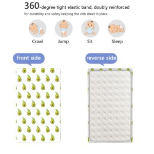 Avocado Themed Fitted Mini Crib Sheets,Portable Mini Crib Sheets Toddler Bed Mattress Sheets-Great for Boy or Girl Room or Nursery, 24“ x38“,Yellow Green Pale Redwood Fern Green and Earth Yellow