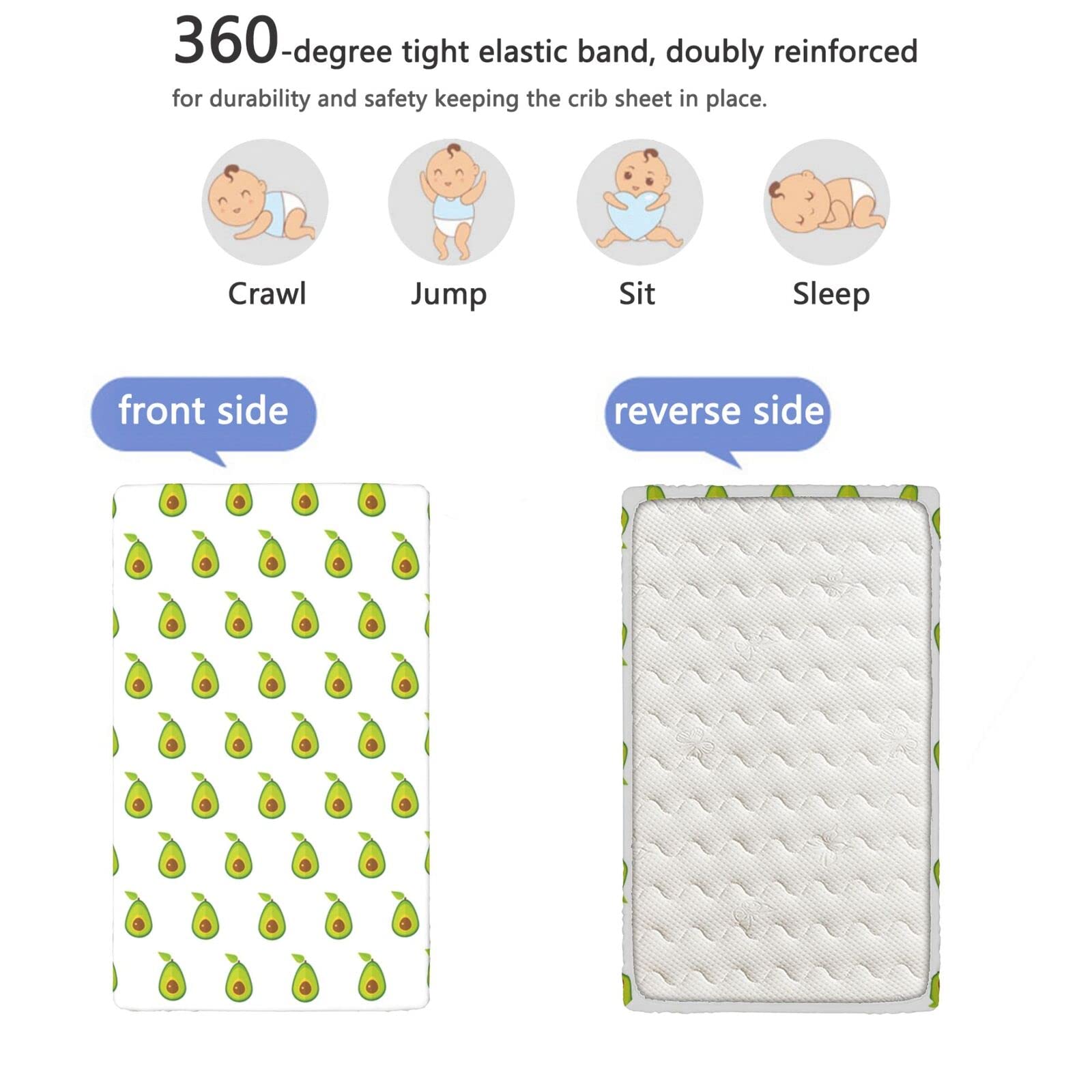 Avocado Themed Fitted Mini Crib Sheets,Portable Mini Crib Sheets Toddler Bed Mattress Sheets-Great for Boy or Girl Room or Nursery, 24“ x38“,Yellow Green Pale Redwood Fern Green and Earth Yellow