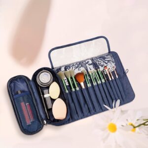 DODAMOUR Portable Folding Makeup Brush Bag with Silicone Foldable Brush Cleaning Bowl, Multifunctional Cosmetics Rolling Storage Case Makeup Brush Holder, Makeup Brush Organizer Bag for Travel (Blue)